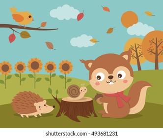 Cute cartoon animals illustration with autumn background