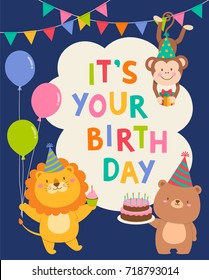 Cute Cartoon Animals Illustration For Birthday Card Template