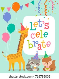 Cute cartoon animals illustration for birthday card template