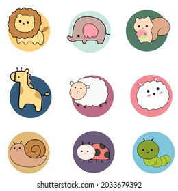 Cute cartoon animals include lions, elephants, squirrels, giraffes, sheep, small sheep, snails, scarabs and worms.