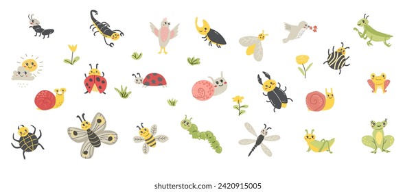 Cute cartoon animals and insects bugs, butterfly, birds, frog. Vector illustration isolated. Beetle bugs, Ladybird, caterpillar, snail and other animals. Big set of cartoon characters with flower and