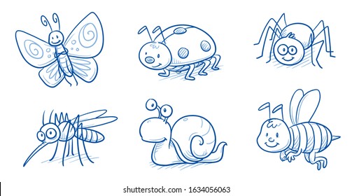 Cute cartoon animals and insects for children as butterfly, mosquito, snail, spider, lady bug and bee. Hand drawn doodle vector illustration.