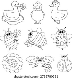Cute cartoon animals and insects in simple line art. Duck, chick, and duckling show gentle, friendly expressions. Bumblebee, ladybug, and butterfly hold flowers with charm