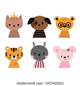 Cute cartoon animals for invitations, postcards, nursery, poster, t-shirt. Hand drawn characters of tiger, cat, dog, rabbit, bear and mouse