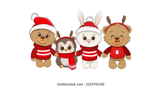 Cute cartoon animals Isolated on white. Christmas  Illustration for design, banners, children's books and patterns.Teddy Bear,owl,rabbit,cute bunny.Vector 