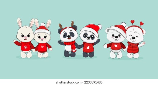 Cute cartoon animals isolated on blue background. Christmas  Illustration for design, banners, children's books and.Polar  bear,couple panda,rabbit,cute bunny.Vector