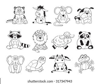 Cute cartoon animals isolated on white background. Stuffed toys set. Cartoon animals outline collection. Funny baby animals contours for coloring books.