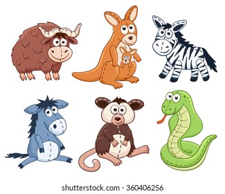 Cute cartoon animals isolated on white background. Stuffed toys set. Vector illustration of adorable plush baby animals. Yak, kangaroo, zebra, donkey, opossum, snake.