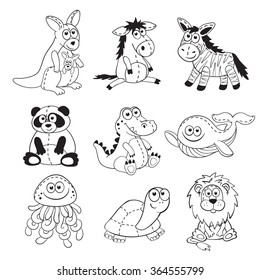 Cute cartoon animals isolated on white background. Stuffed toys set. Cartoon animals outline collection. Funny baby animals contours for coloring books.