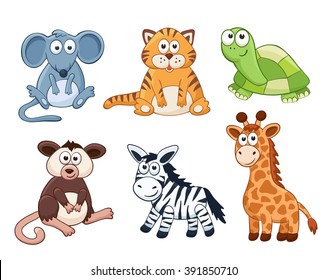 Cute cartoon animals isolated on white background. Stuffed toys set. Vector illustration of adorable plush baby animals. Mouse, tiger, turtle, opossum, zebra, giraffe.