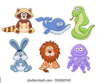 Cute cartoon animals isolated on white background. Stuffed toys set. Vector illustration of adorable plush baby animals. Raccoon, whale, snake, bunny, lion, jellyfish.