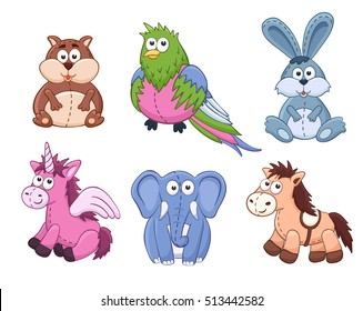 Cute cartoon animals isolated on white background. Stuffed toys set. Vector illustration of adorable plush baby animals. Crocodile, kangaroo, octopus, sheep, yak, panda.