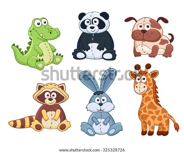 Cute\
cartoon animals isolated on white background. Stuffed toys\
collection. Vector illustration of adorable plush baby animals.\
Crocodile, panda, dog, raccoon, bunny,\
giraffe.