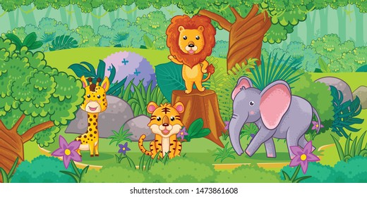 Cute cartoon animals in the jungle. Set of animals.