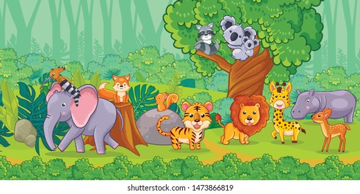 Cute Cartoon Animals Jungle Set Animals Stock Vector (Royalty Free ...