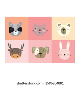 Cute cartoon animals for kids cards and invitations. Vector images. Dogs, rabbits, bears, pandas, cats, deer.