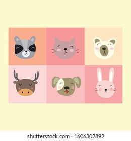 Cute cartoon animals for kids cards and invitations. Vector images. Dogs, rabbits, bears, pandas, cats, deer.