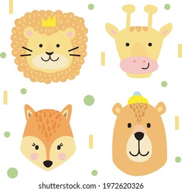 Cute cartoon animals lion giraffe fox bear vector illustration