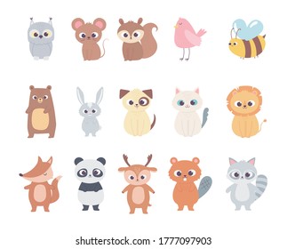cute cartoon animals little characters owl mouse squirrel deer bird bee bear cat dog lion vector illustration