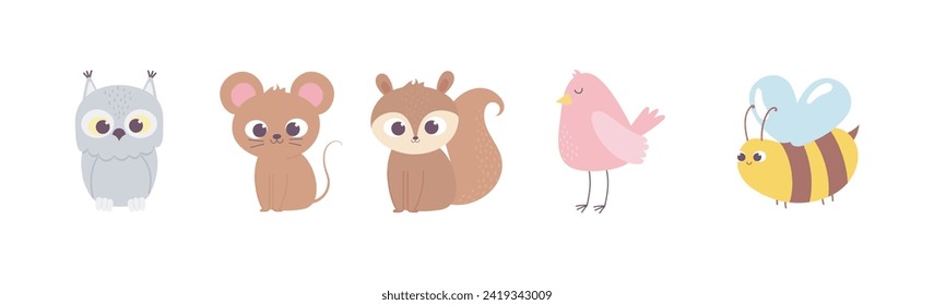 cute cartoon animals little characters owl mouse squirrel deer bird bee bear cat dog lion