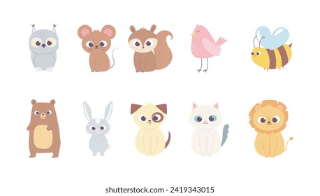 cute cartoon animals little characters owl mouse squirrel deer bird bee bear cat dog lion