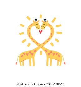 Cute cartoon animals in love. Two giraffes. Vector illustration. Cute comical animals. The shape of the heart. Children's illustration for postcards, printing, T-shirts