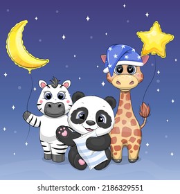 Cute cartoon animals with night balloons and pillow. Vector illustration with panda, zebra and giraffe on a blue background with stars.