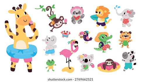 Cute cartoon animals on beach. Funny fauna characters in swimsuits and shorts. Summer vacation at seaside. Cute flamingo. Happy giraffe in bikini. Sea swimming. Crocodile surfer. Traveling vector set