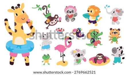 Cute cartoon animals on beach. Funny fauna characters in swimsuits and shorts. Summer vacation at seaside. Cute flamingo. Happy giraffe in bikini. Sea swimming. Crocodile surfer. Traveling vector set