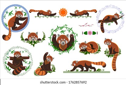 Cute cartoon animals. Ornament of China and Tibet. Set of cards, banners, for design of clothes and packaging. Red panda. Vector illustration