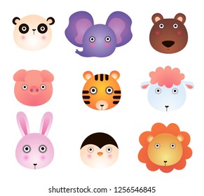 Cute cartoon animals, panda, elephant, bear, toy, tiger, lamb, lion, bunny. Cartoon zoo of cute animals.