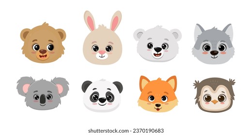 Animales de dibujos animados. Panda, zorro, oso, koala, conejo, conejo, búho, oso polar, lobo. Cabezas y caras de animales. Ilustración del vector