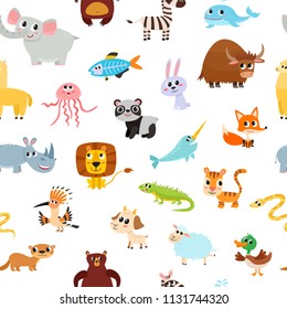 Cute cartoon animals pattern for children isolated on white. Vector seamless used for kids magazine, children book, textile.