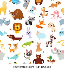 Cute cartoon animals pattern for children isolated on white. Vector seamless used for kids magazine, children book, textile.