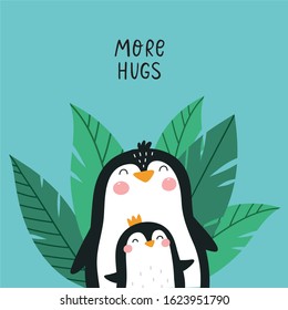 Cute cartoon animals penguin mom and baby vector print.  Vector poster for children with cute animals. Mother's Days cards