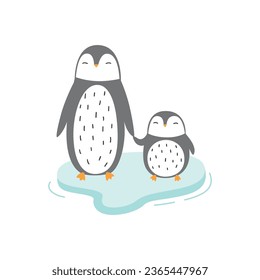 Cute cartoon animals penguin mom and baby vector print. Vector poster for children with cute animals. Mother s Days cards