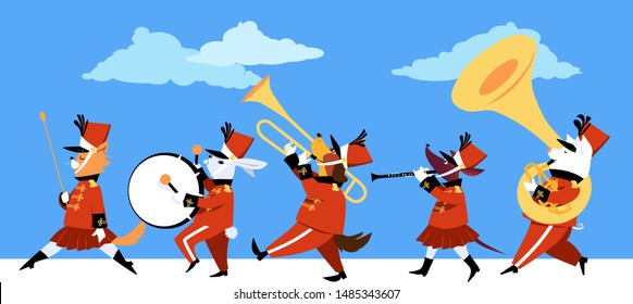 Cute Cartoon Animals Playing Instruments In A Marching Band Parade, EPS 8 Vector Illustration