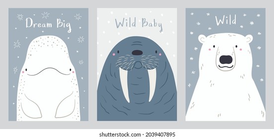 Cute cartoon animals portraits set, beluga whale, walrus, polar bear. Hand drawn vector illustration. Winter characters. Arctic wildlife. Design concept kids fashion print, poster, baby shower, card.