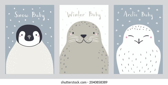 Cute cartoon animals portraits set, penguin, seal, snowy owl. Hand drawn vector illustration. Winter characters. Arctic, Antarctic wildlife. Design concept for kids print, poster, baby shower, card.