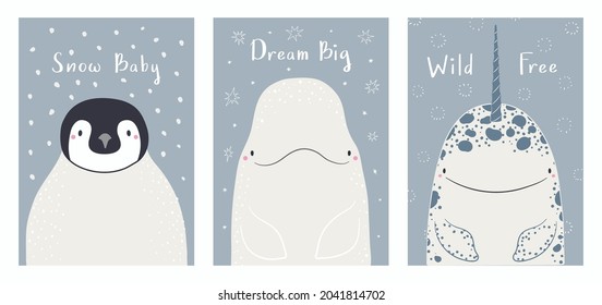 Cute cartoon animals portraits set, beluga whale, penguin, narwhal. Hand drawn vector illustration. Winter characters. Arctic, Antarctic wildlife. Design concept kids print, poster, baby shower, card.