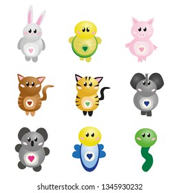 Cute cartoon animals - Rabbit, turtle, pig, cat, tiger, elefant, coala, butterfly, snake