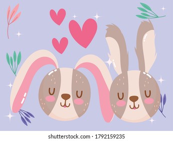 cute cartoon animals rabbits faces hearts love foliage adorable little vector illustration
