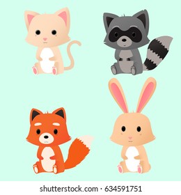 Cute cartoon animals. Raccoon, fox, kitten and rabbit. Vector illustration