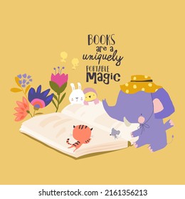 Cute Cartoon Animals reading Big Book Together