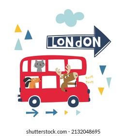 Cute Cartoon Animals In a Red London Bus