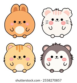 Cute Cartoon Animals Round Kawaii Style Illustration