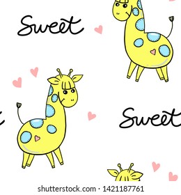 Cute cartoon animals seamless  pattern. Funny ornament for children textile. Yellow giraffe with blue dots vector illustration.