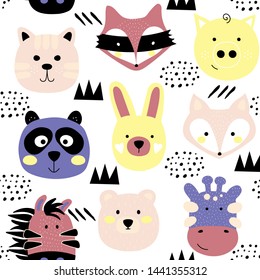 Cute cartoon animals seamless pattern in Scandinavian style. Childish animals texture for textile, fabric, wrapping. Hipster vector illustration print isolated on white background.