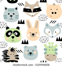 Cute cartoon animals seamless pattern in Scandinavian style. Childish animals texture for textile, fabric, wrapping. Stylish vector illustration print isolated on white background.