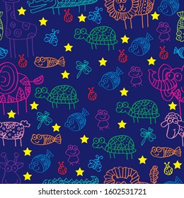  Cute cartoon animals seamless pattern.